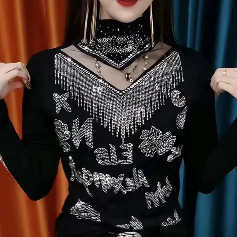 Spring Autumn New Elegant Hollow Out Half High Neck T-shirt Fashion Solid All-match Bottoming Shirt Casual Office Women Clothing